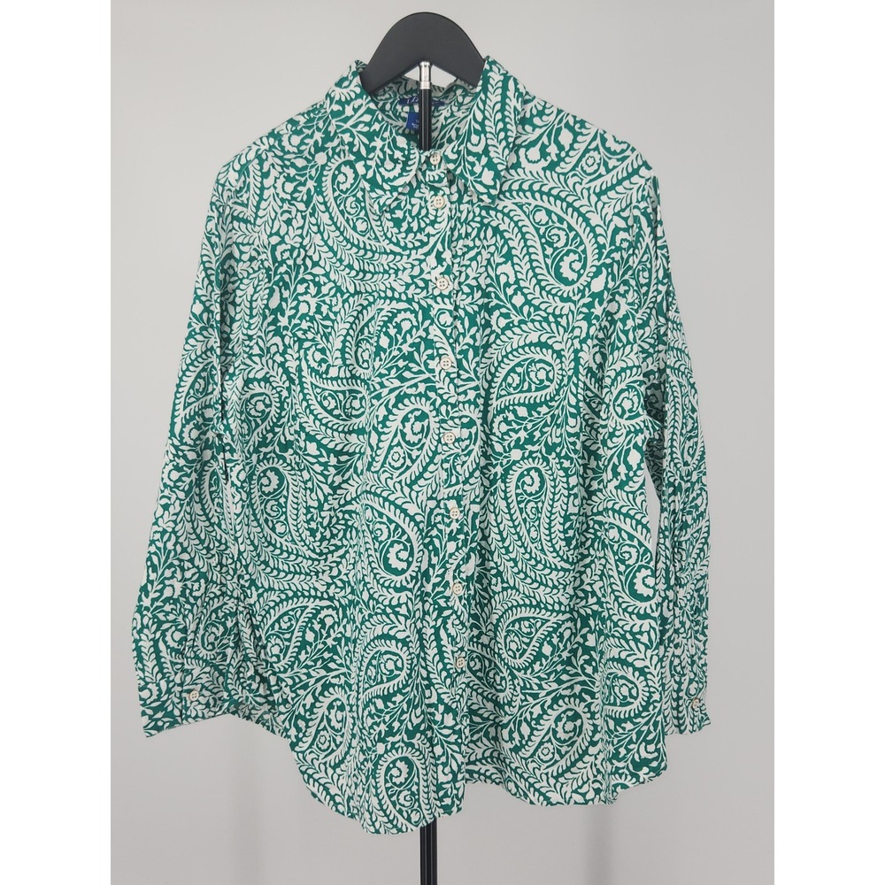 Liz & Me Green White Paisley Cotton Blend Button Down Shirt 1X 42-2245-1